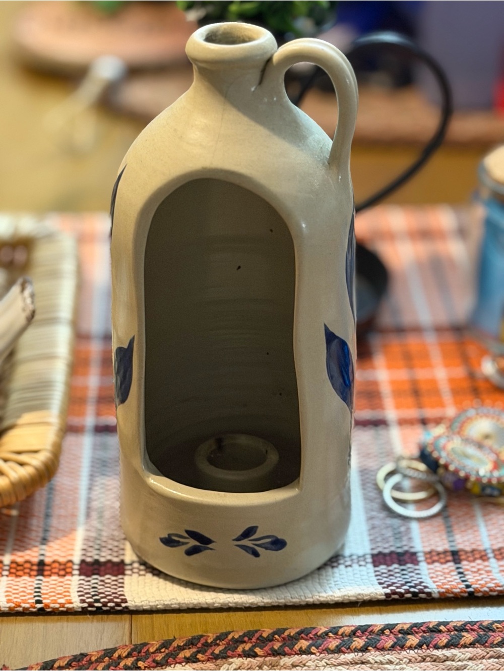 Handmade Ceramic candle Lantern Vase in Cream with Blue Accents